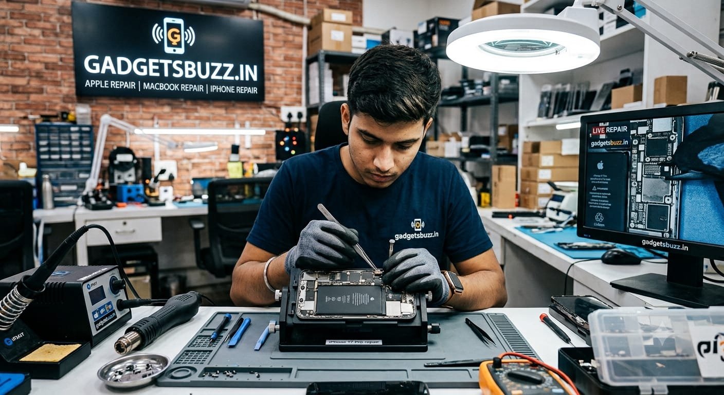 Gadgets Buzz technician repairing an iPhone at the branded workbench in the shop